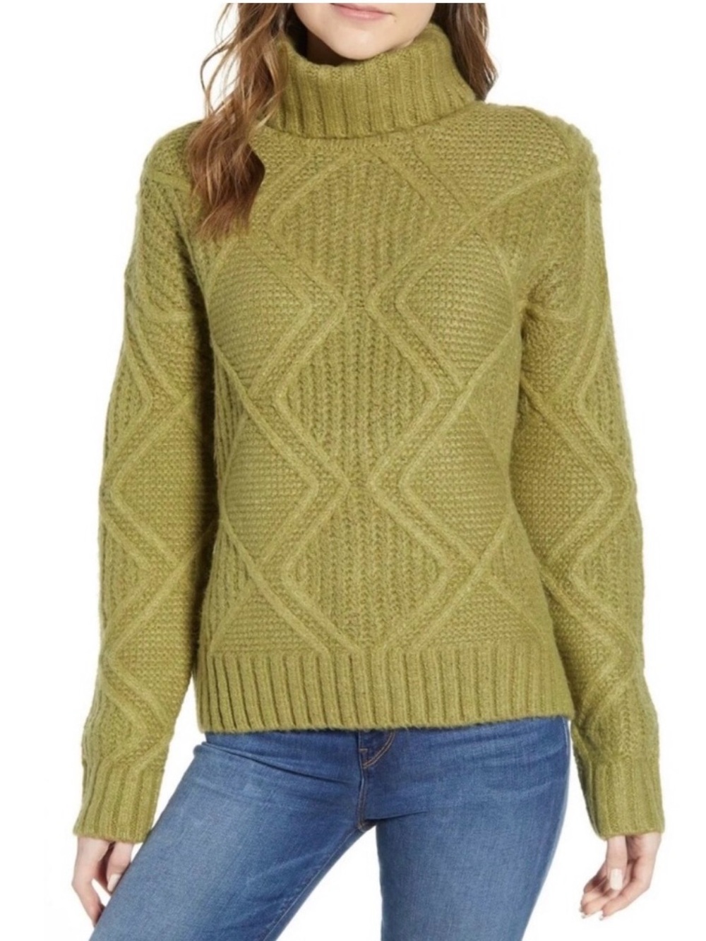 Caslon Chunky Cable Knit Turtleneck Sweater Sage Green Large Fall